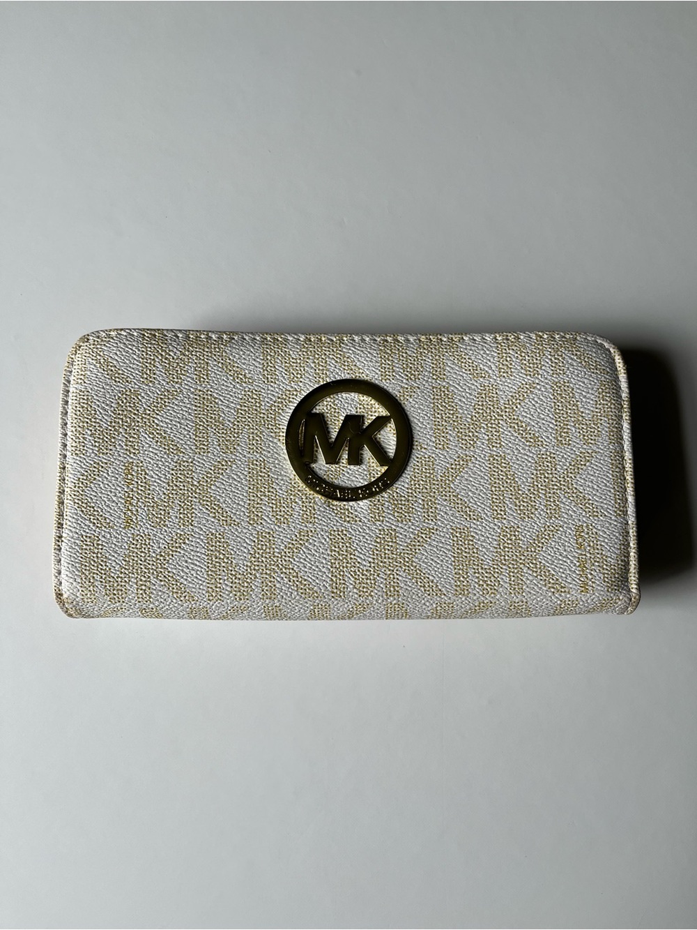 Michael Kors White and Gold MK Logo Zip Wallet